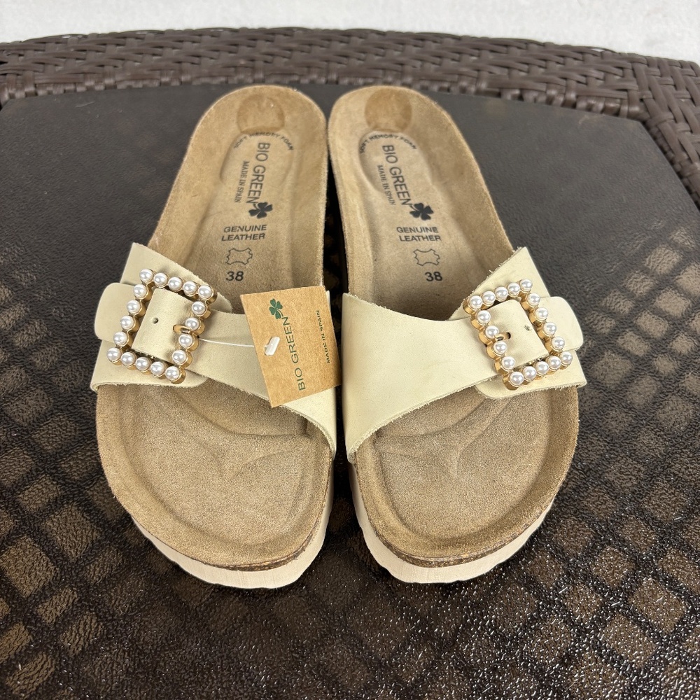 Bio Green Leather Slip On Embellished Slide Sandals Size 38/US7